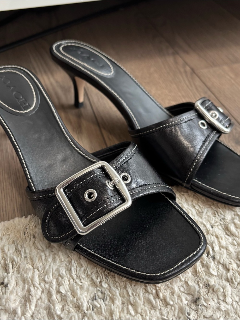 Coach Black Leather Margot Buckle Slide Mules